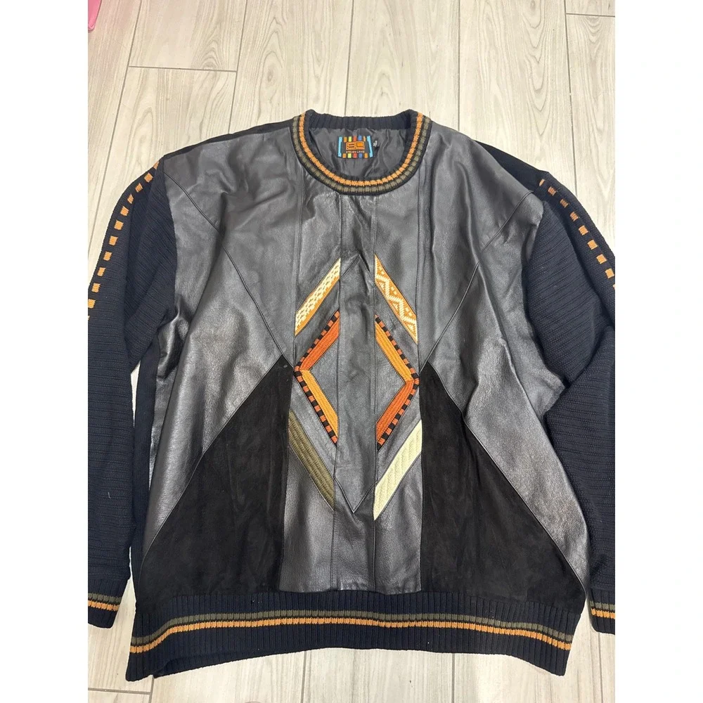 Steven Land Mens 4X Leather Suede Knit Mixed Media Sweater Black Orange Diamond